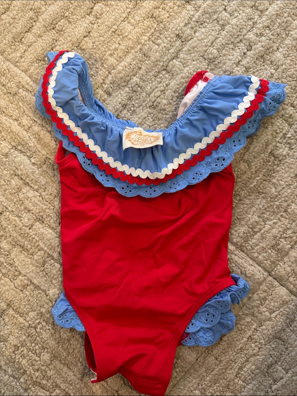 The Beaufort Bonnet Company Red One-Piece with Blue and White Ruffle Trim